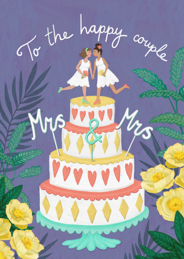 Felicitatiekaarten - Felicitatiekaart huwelijk twee vrouwen op bruidstaart 