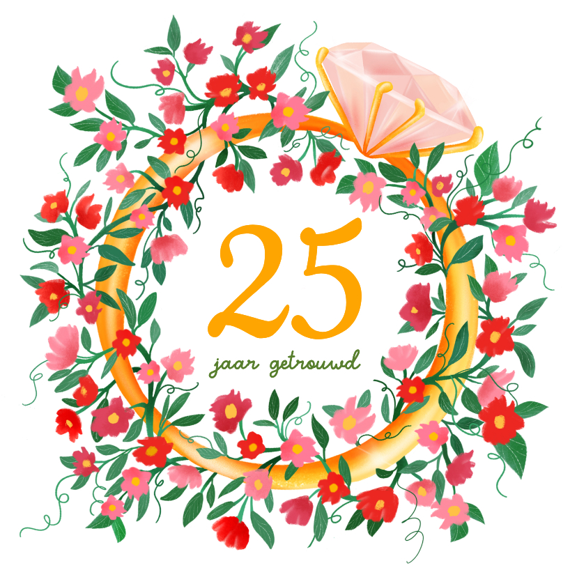 Felicitatiekaarten - Felicitatiekaart huwelijksjubileum gouden ring bloemenzee