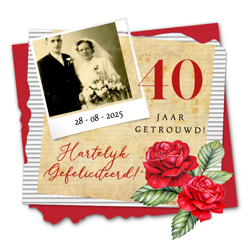 Felicitatiekaarten - Felicitatiekaart huwelijksjubileum roos vintage