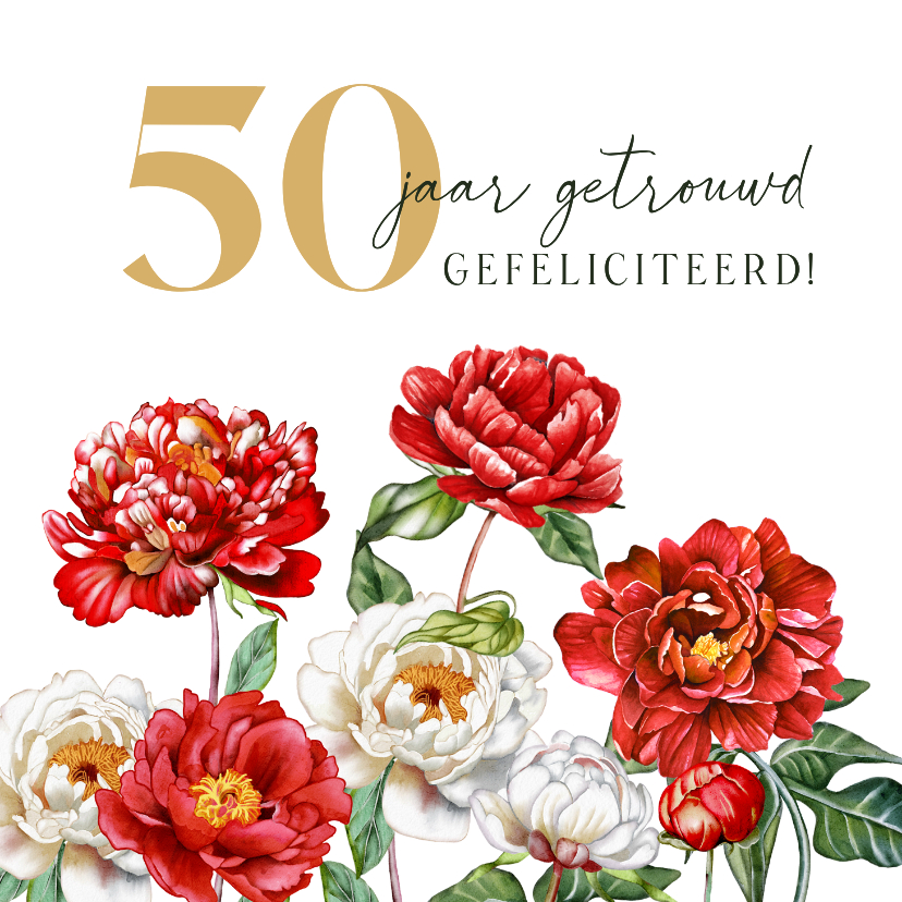 Felicitatiekaarten - Felicitatiekaart huwelijksjubileum witte en rode pioenrozen