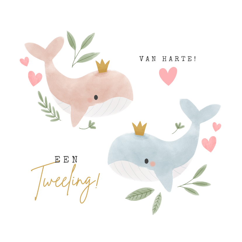 Felicitatiekaarten - Felicitatiekaart jongen meisje tweeling met walvissen