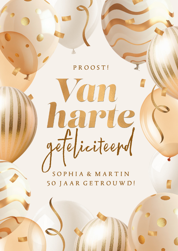 Felicitatiekaarten - Felicitatiekaart jubileum trouwdag goud ballonnen beige