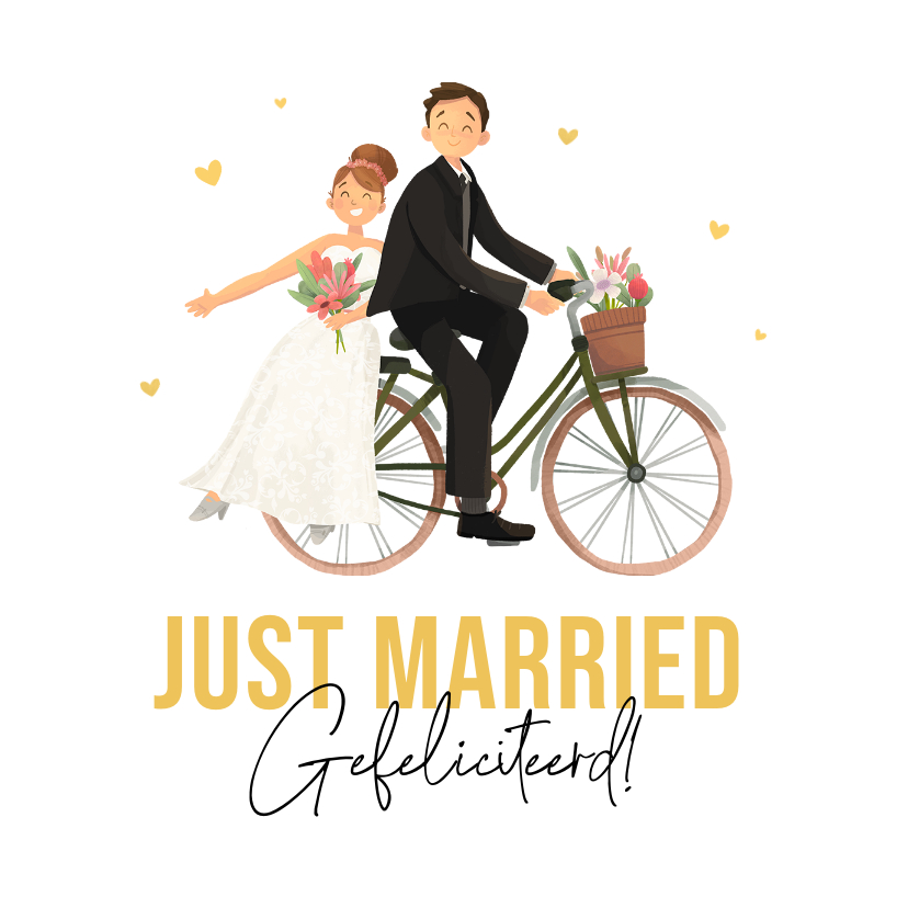 Felicitatiekaarten - Felicitatiekaart just married bruidspaar cartoon fiets