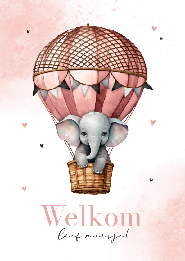 Felicitatiekaart meisje olifantje luchtballon verf - Felicitatiekaarten Felicitatiekaarten - Felicitatiekaart meisje olifantje luchtballon verf