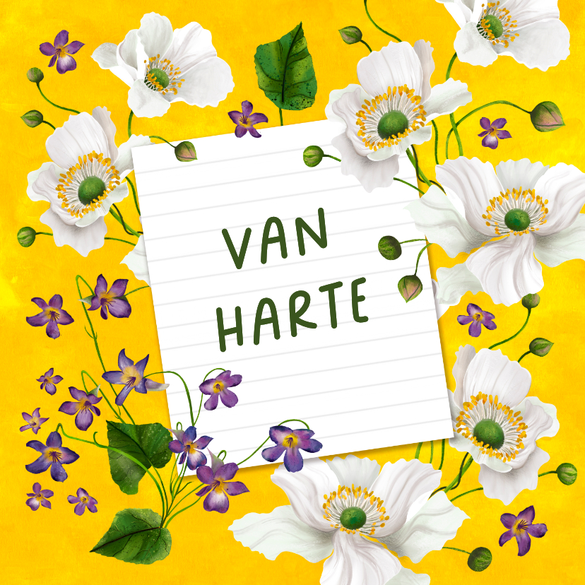 Felicitatiekaart met briefje en bloemen - Felicitatiekaarten Felicitatiekaarten - Felicitatiekaart met briefje en bloemen