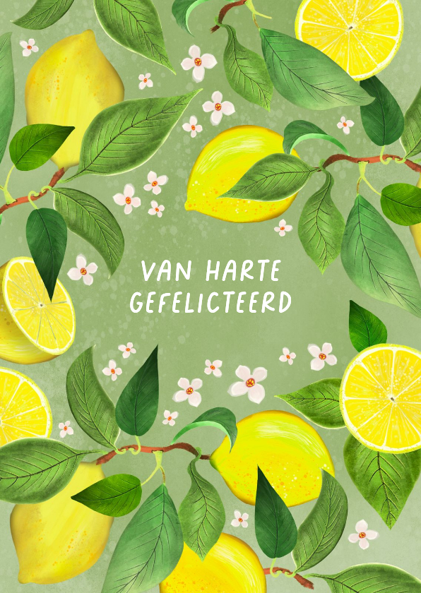 Felicitatiekaart met citroenen en bloemetjes - Felicitatiekaarten Felicitatiekaarten - Felicitatiekaart met citroenen en bloemetjes