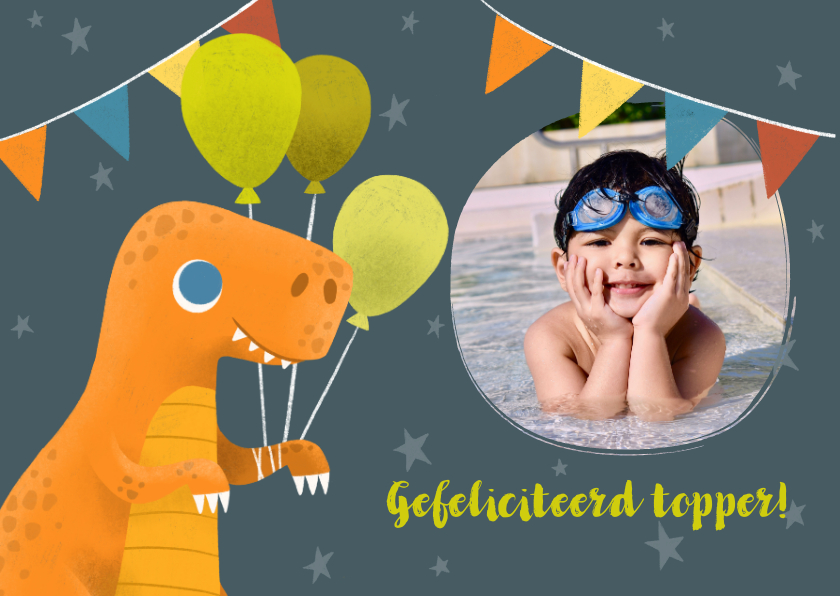 Felicitatiekaarten - Felicitatiekaart met dinosaurus en ballonnen