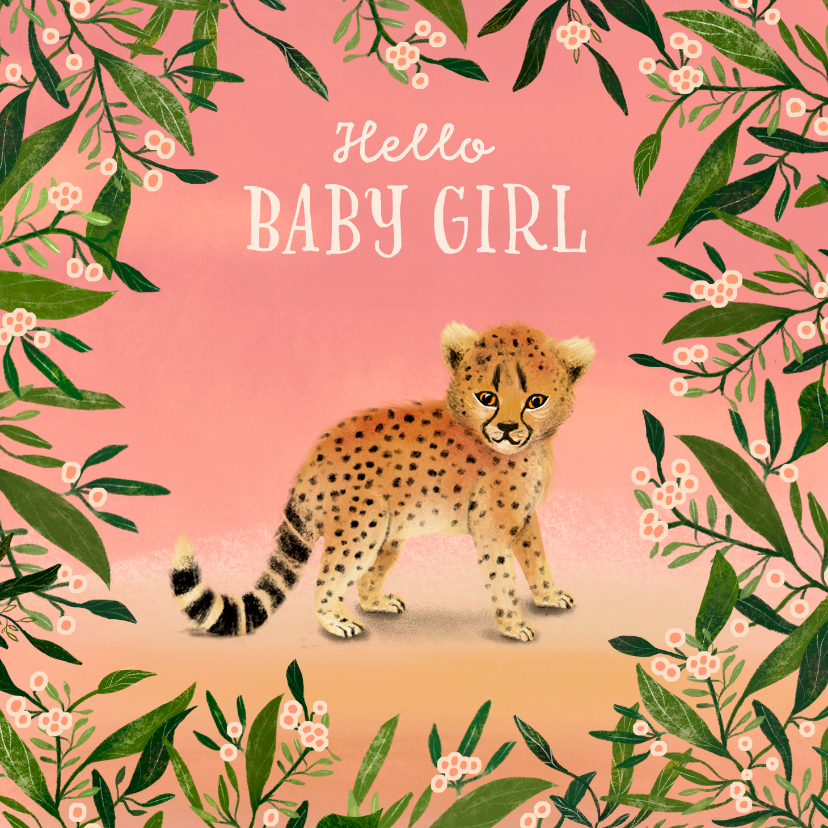 Felicitatiekaart met een baby girl cheeta - Felicitatiekaarten Felicitatiekaarten - Felicitatiekaart met een baby girl cheeta
