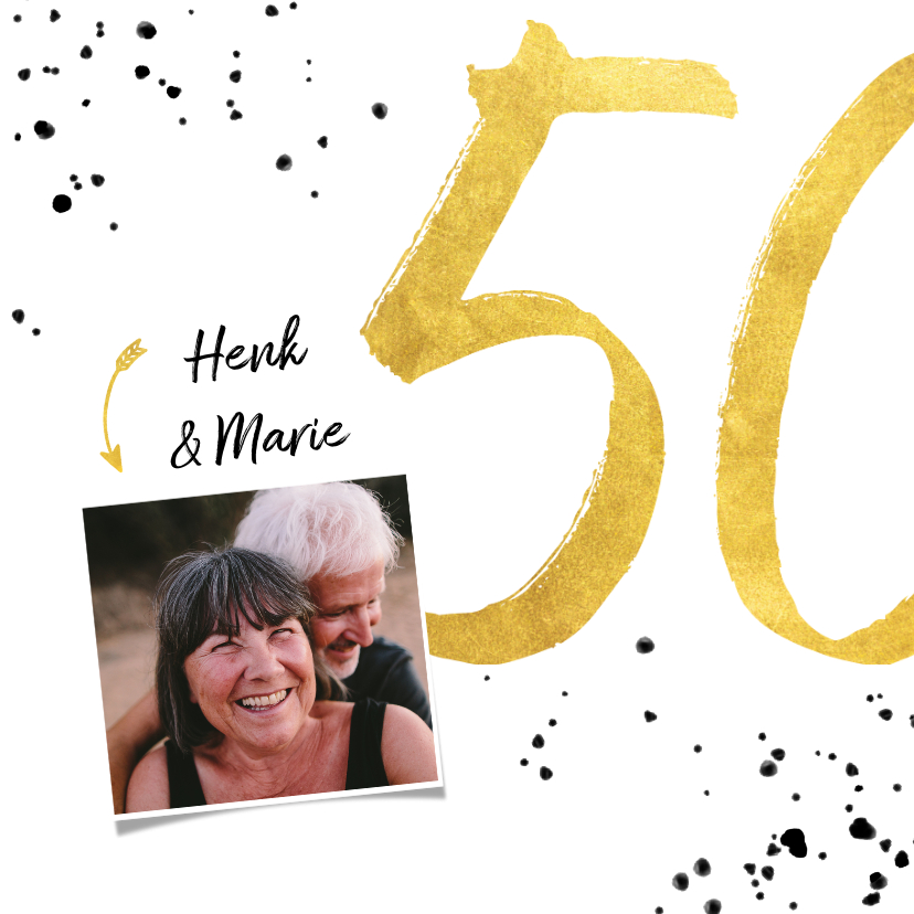 Felicitatiekaarten - Felicitatiekaart met gouden 50, spetters en foto
