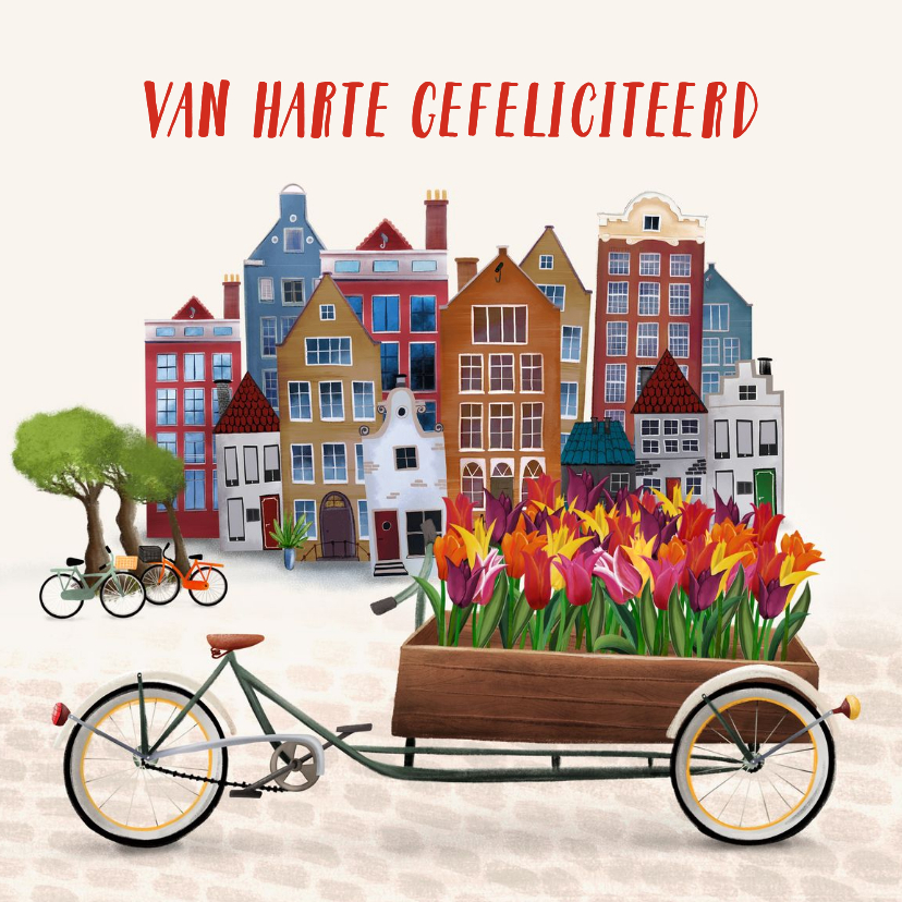 Felicitatiekaart met huisjes en bakfiets met bloemen - Felicitatiekaarten Felicitatiekaarten - Felicitatiekaart met huisjes en bakfiets met bloemen