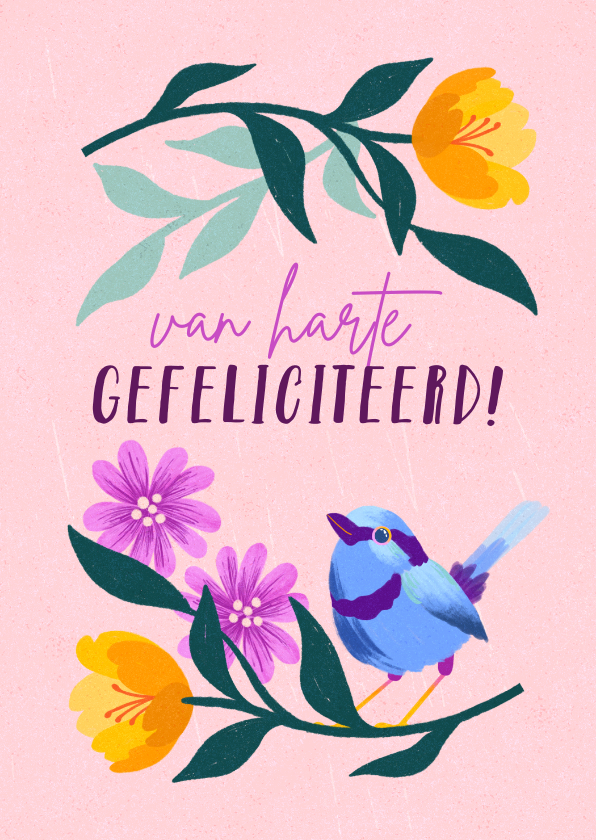 Felicitatiekaarten - Felicitatiekaart met kleurrijke bloemen en vogel