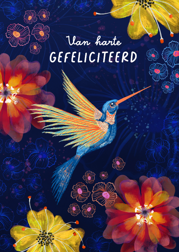 Felicitatiekaarten - Felicitatiekaart met kolibrie en bloemen