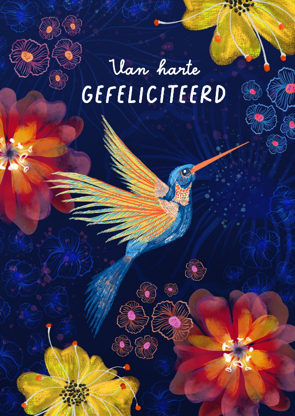 Felicitatiekaarten - Felicitatiekaart met kolibrie en bloemen