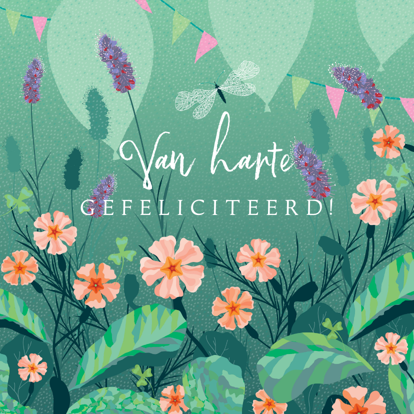 Felicitatiekaarten - Felicitatiekaart met Primula, ballonen en vlaggetjes 