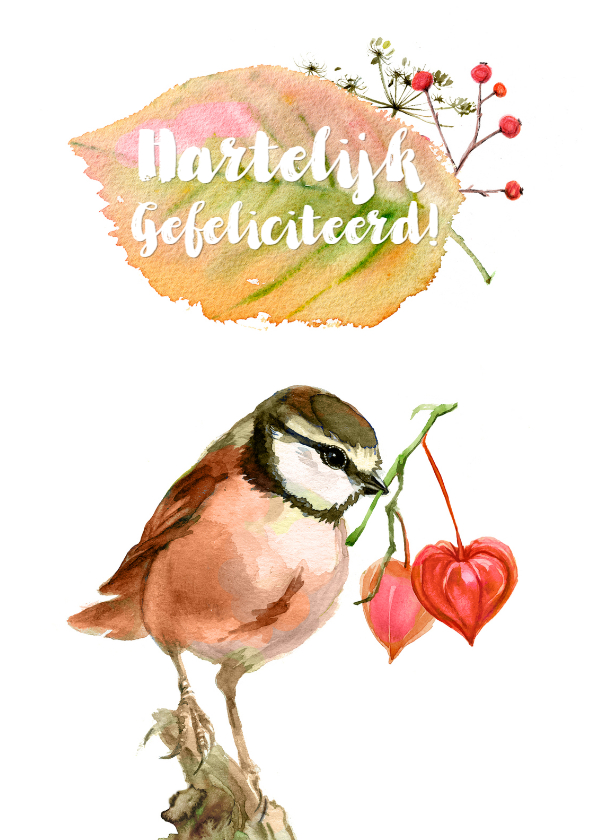 Felicitatiekaart met roze vogel en lampionnetjes-hartjes - Felicitatiekaarten Felicitatiekaarten - Felicitatiekaart met roze vogel en lampionnetjes-hartjes