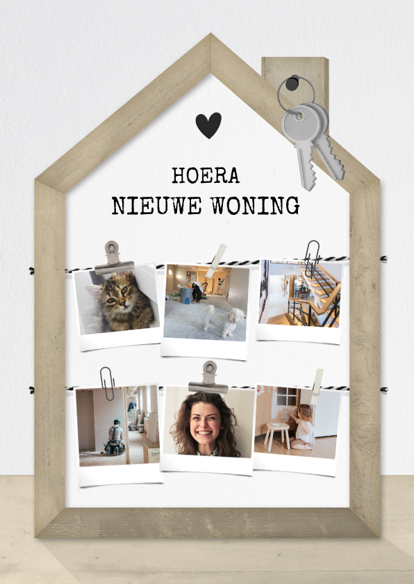 Felicitatiekaarten - Felicitatiekaart nieuw huis met houten huisje en fotocollage