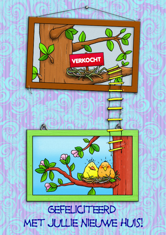Felicitatiekaart nieuw huis vogels met 2 schilderijen - Felicitatiekaarten Felicitatiekaarten - Felicitatiekaart nieuw huis vogels met 2 schilderijen