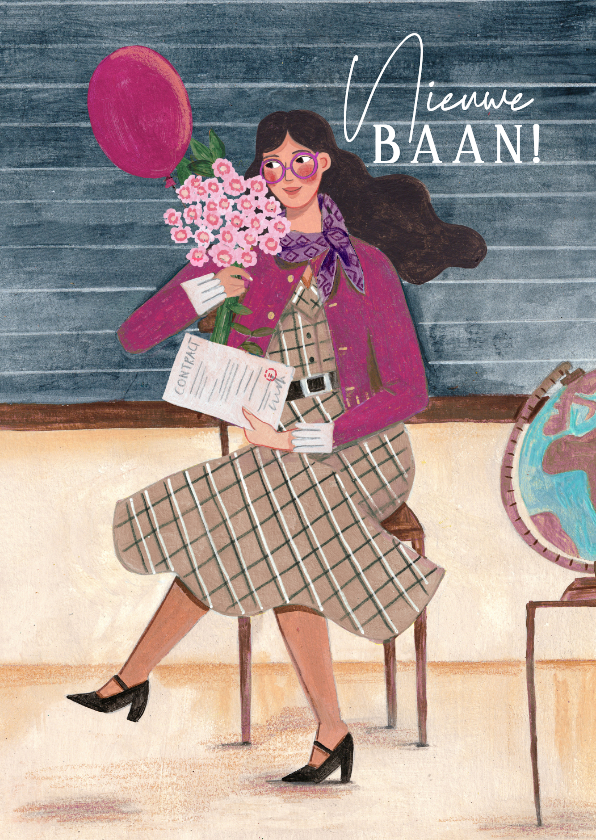 Felicitatiekaart nieuwe baan vrouw met bloemen en ballon - Felicitatiekaarten Felicitatiekaarten - Felicitatiekaart nieuwe baan vrouw met bloemen en ballon