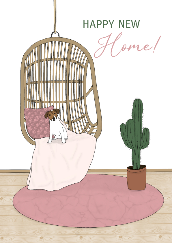 Felicitatiekaarten - Felicitatiekaart nieuwe woning hangstoel met hondje