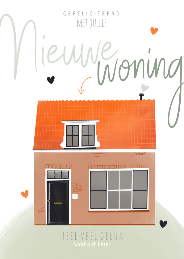 Felicitatiekaarten - Felicitatiekaart nieuwe woning huis illustratie en hartjes