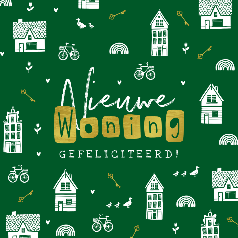 Felicitatiekaarten - Felicitatiekaart nieuwe woning huisjes sleutels fietsen