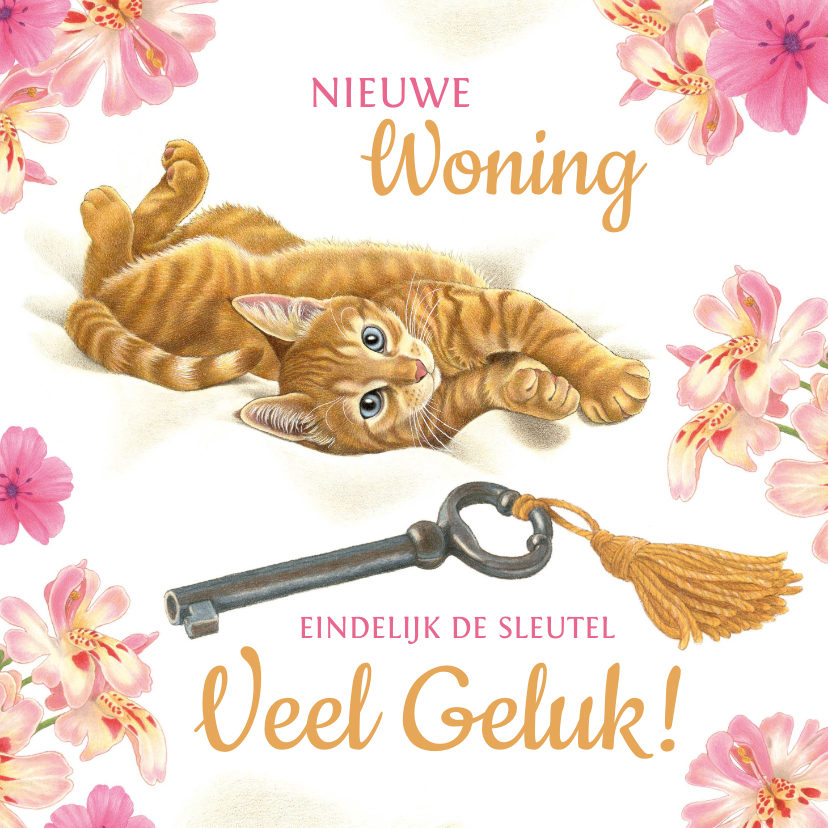 Felicitatiekaarten - Felicitatiekaart nieuwe woning kat met sleutel en bloemen