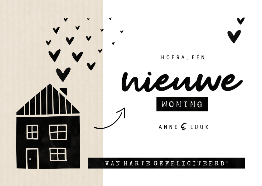 Felicitatiekaarten - Felicitatiekaart nieuwe woning kraft huisje met hartjes