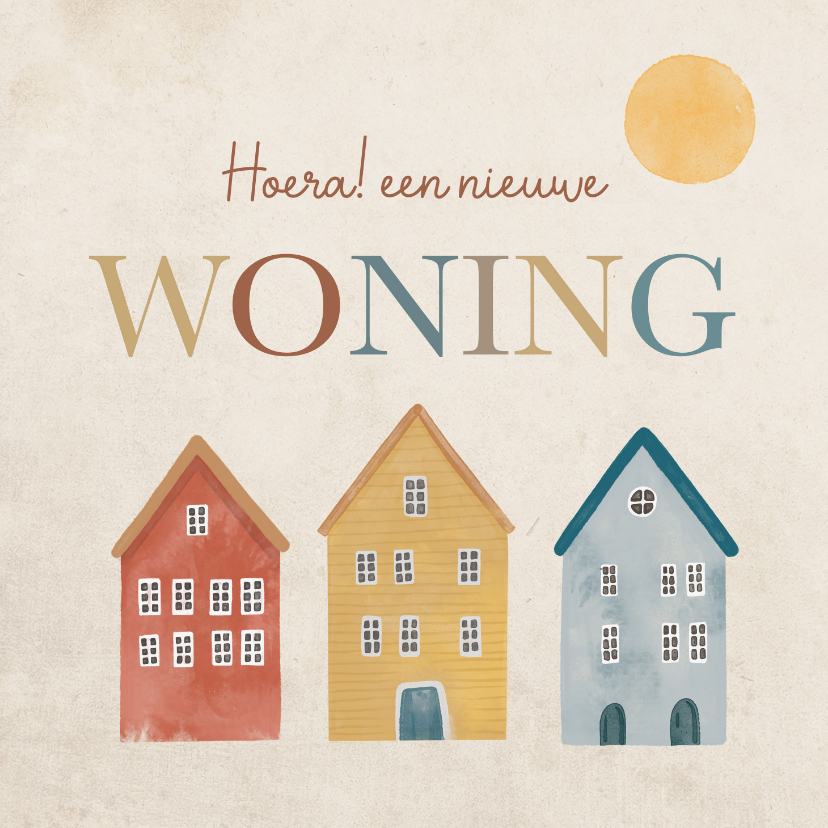 Felicitatiekaarten - Felicitatiekaart nieuwe woning met huisjes en zon