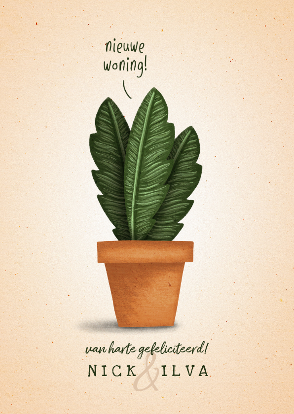 Felicitatiekaarten - Felicitatiekaart 'nieuwe woning' met plant in pot