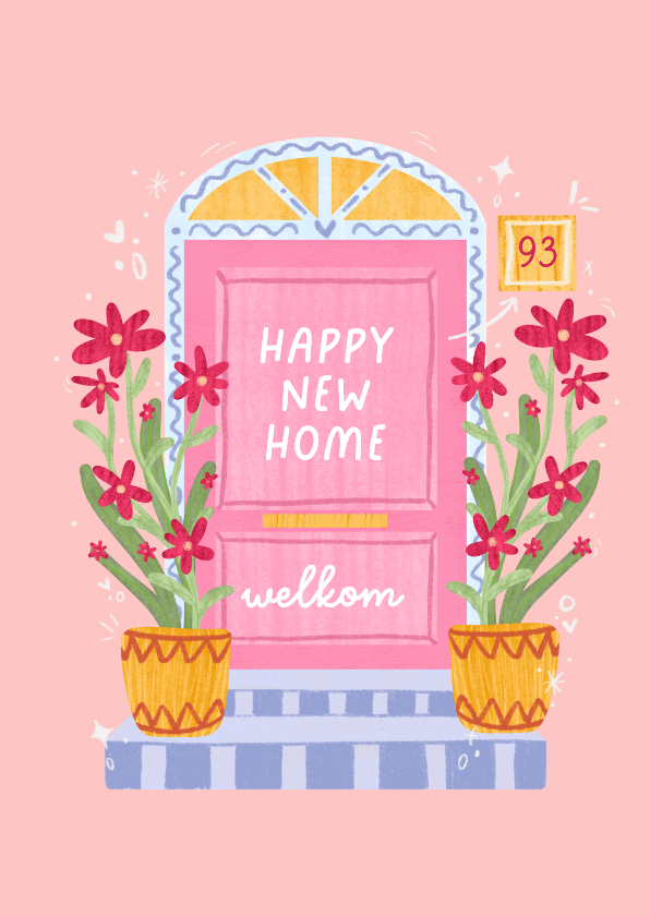 Felicitatiekaart nieuwe woning voordeur roze - Felicitatiekaarten Felicitatiekaarten - Felicitatiekaart nieuwe woning voordeur roze