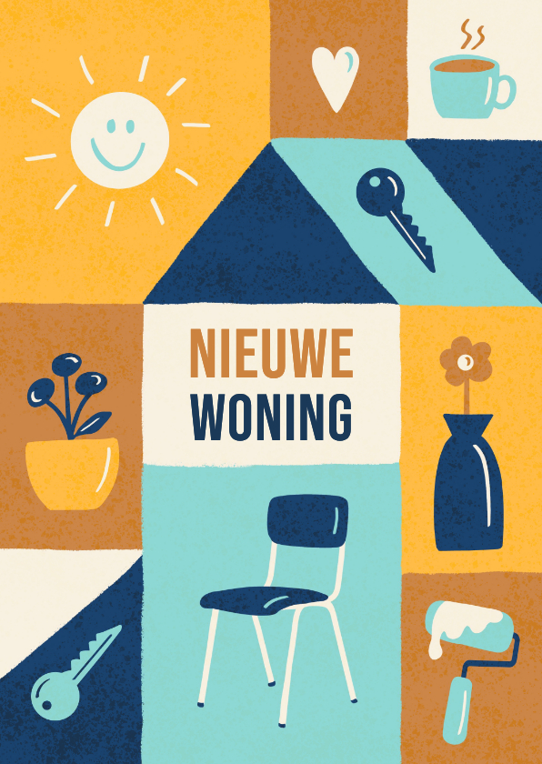 Felicitatiekaarten - Felicitatiekaart nieuwe woning vrolijke blokken