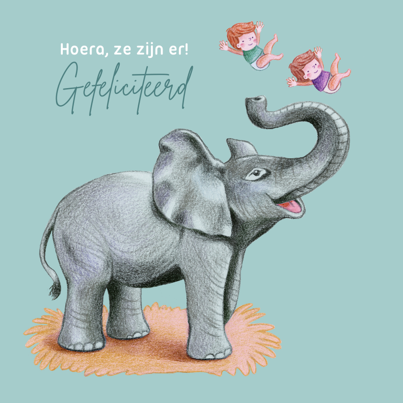 Felicitatiekaarten - Felicitatiekaart olifant voor geboorte van een tweeling