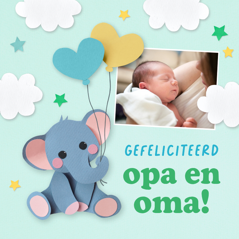 Felicitatiekaart opa en oma olifantje - Felicitatiekaarten Felicitatiekaarten - Felicitatiekaart opa en oma olifantje