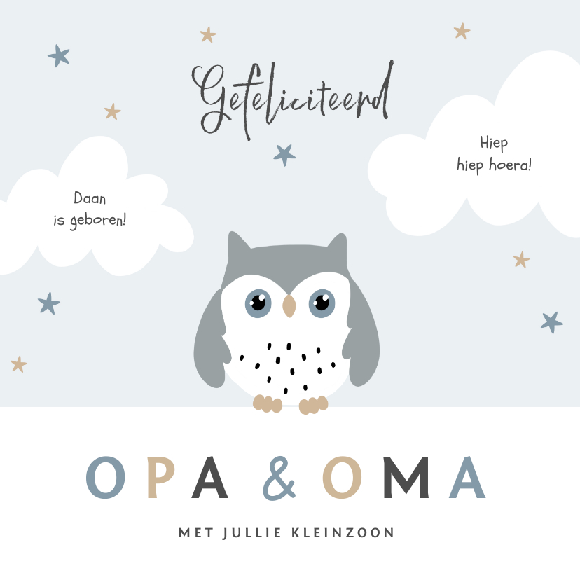 Felicitatiekaarten - Felicitatiekaart opa en oma uiltje jongen hip sterren