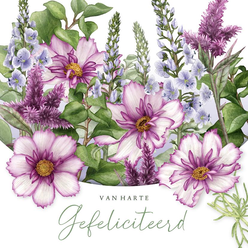 Felicitatiekaarten - Felicitatiekaart paars blauwe bloemen algemeen