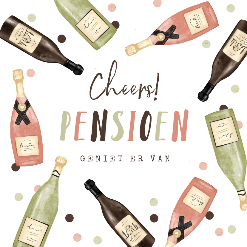 Felicitatiekaarten - Felicitatiekaart pensioen cheers wijntjes confetti