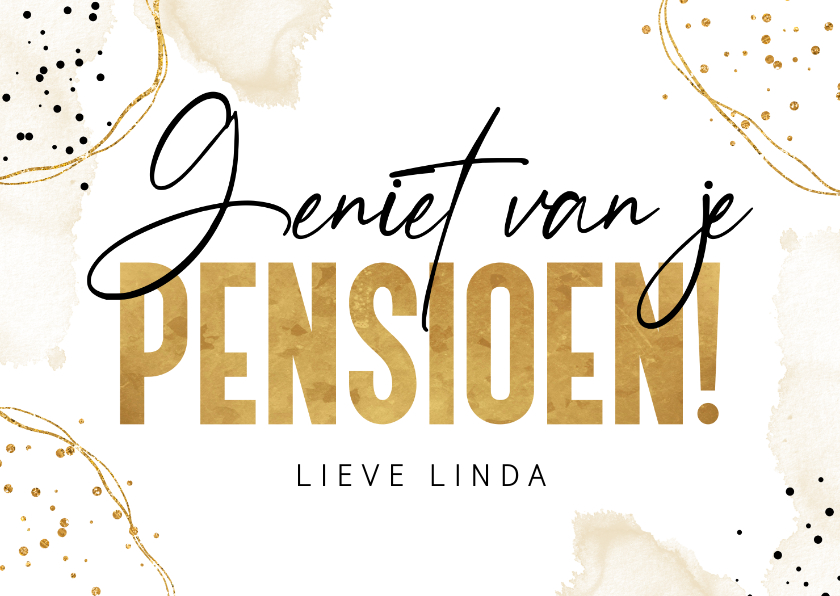 Felicitatiekaarten - Felicitatiekaart pensioen met gouden waterverf en confetti