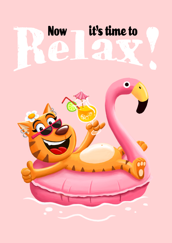 Felicitatiekaarten - Felicitatiekaart pensioen poes relaxt in flamingo zwemband