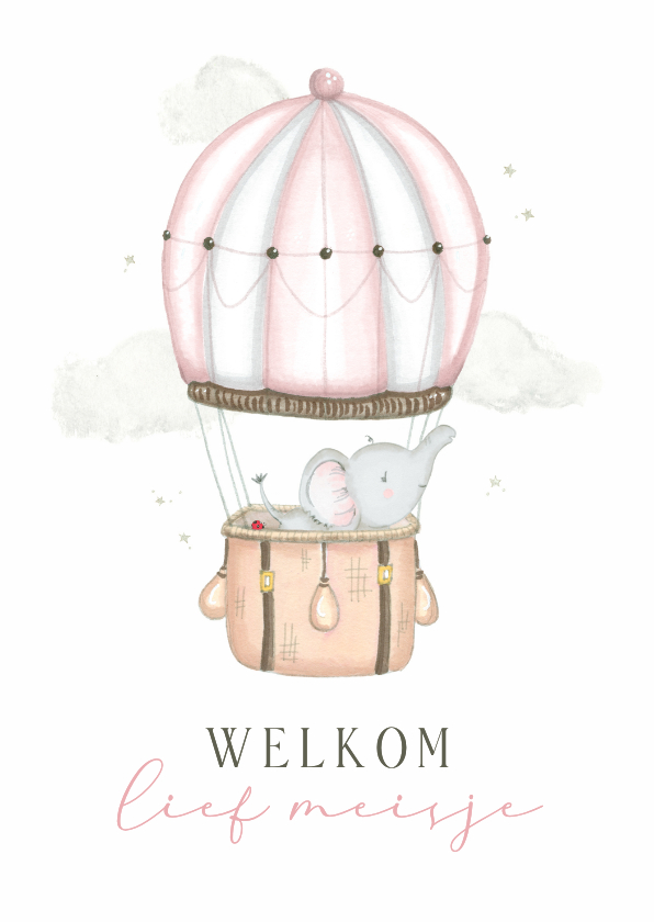 Felicitatiekaarten - Felicitatiekaart roze luchtballon geboorte olifant meisje 