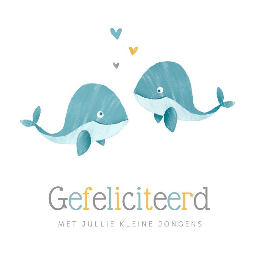 Felicitatiekaarten - Felicitatiekaart tweeling jongens walvissen hartjes geboorte
