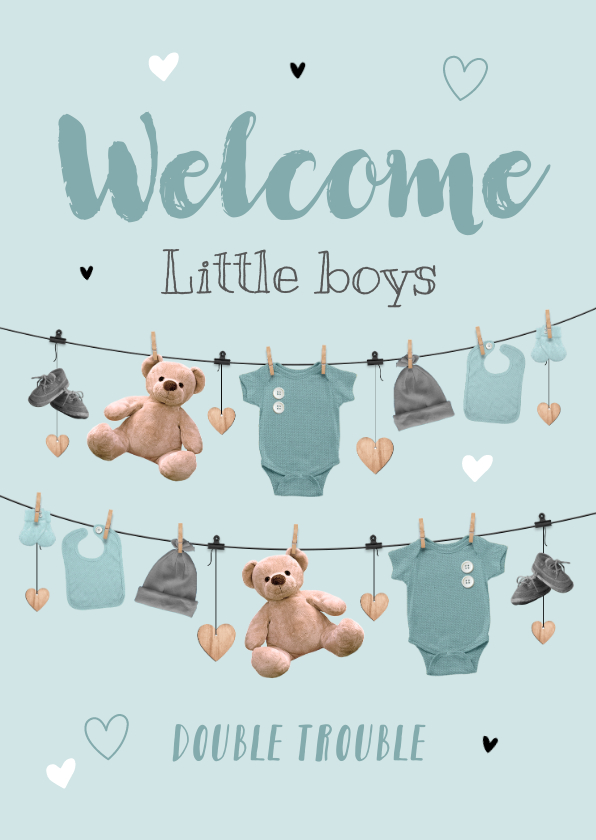 Felicitatiekaart tweeling slinger jongens babyspul hartjes - Felicitatiekaarten Felicitatiekaarten - Felicitatiekaart tweeling slinger jongens babyspul hartjes