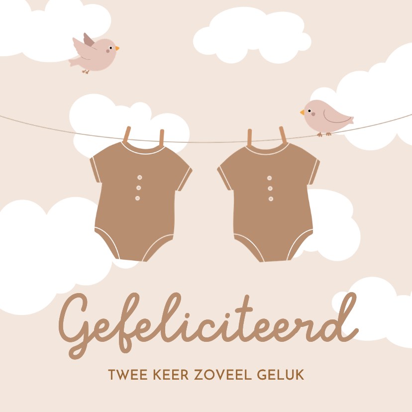 Felicitatiekaarten - Felicitatiekaart tweeling waslijn met 2 rompertjes in beige