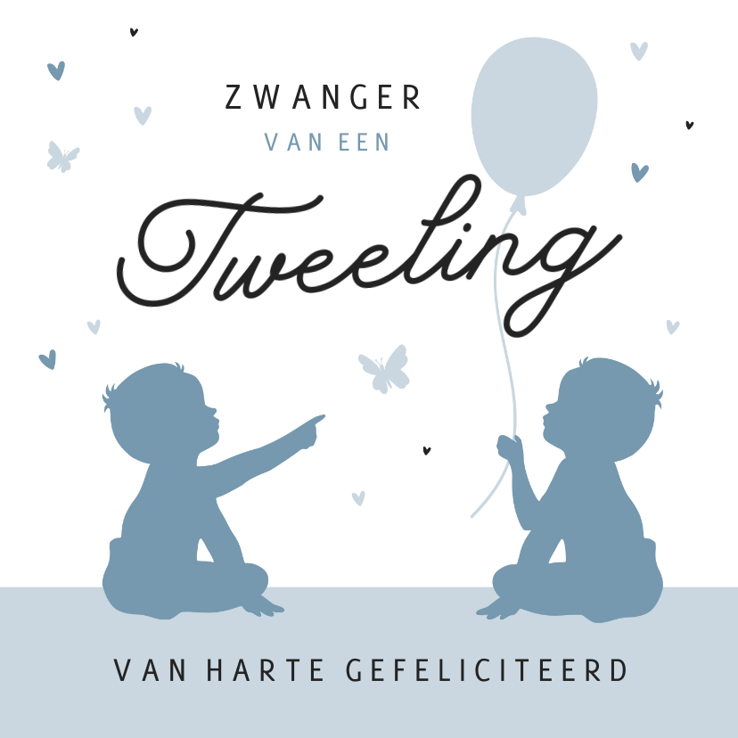 Felicitatiekaarten - Felicitatiekaart tweeling zwanger vlinders jongens silhouet 