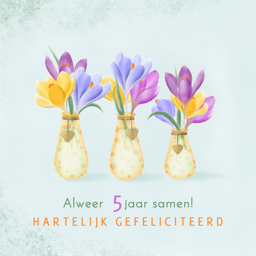 Felicitatiekaart vaasjes met stippen vol kleurige krokussen - Felicitatiekaarten Felicitatiekaarten - Felicitatiekaart vaasjes met stippen vol kleurige krokussen