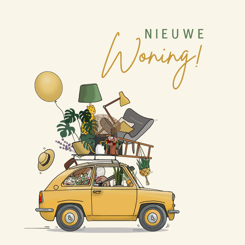 Felicitatiekaart verhuisd auto geel met spullen - Felicitatiekaarten Felicitatiekaarten - Felicitatiekaart verhuisd auto geel met spullen