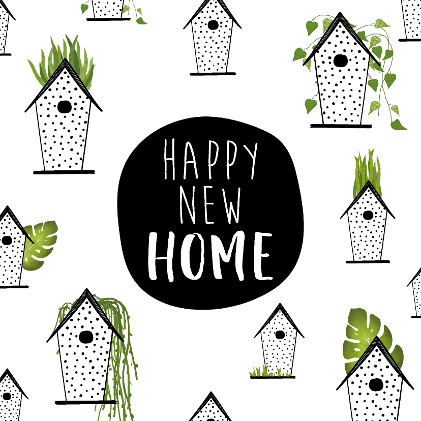Felicitatiekaart voor een nieuwe woning met vogelhuisjes - Felicitatiekaarten Felicitatiekaarten - Felicitatiekaart voor een nieuwe woning met vogelhuisjes