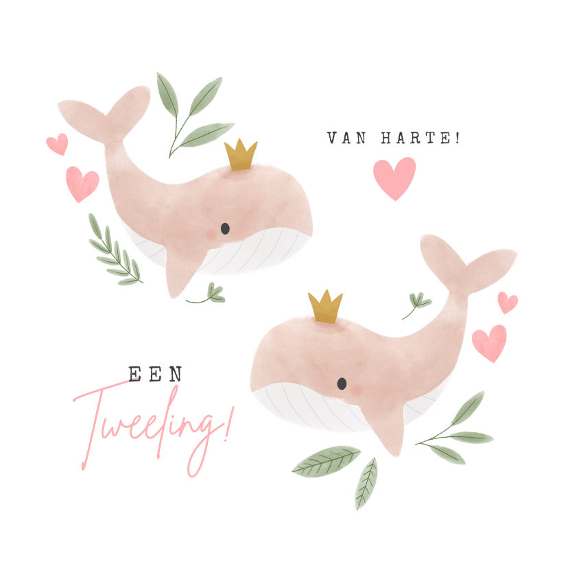 Felicitatiekaarten - Felicitatiekaart voor een tweeling met walvissen en hartjes