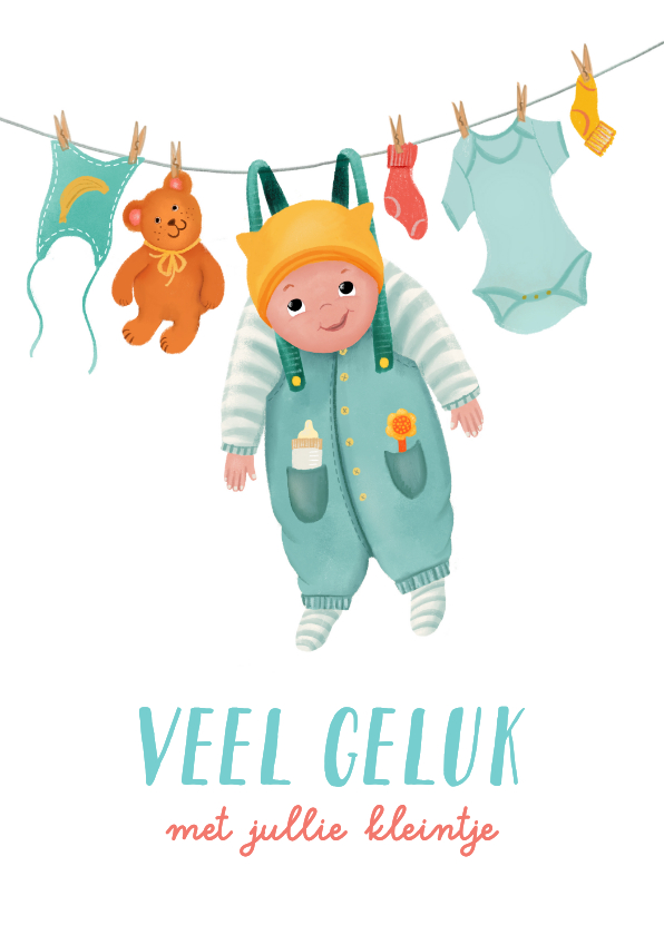 Felicitatiekaart voor geboorte met een baby aan de waslijn - Felicitatiekaarten Felicitatiekaarten - Felicitatiekaart voor geboorte met een baby aan de waslijn