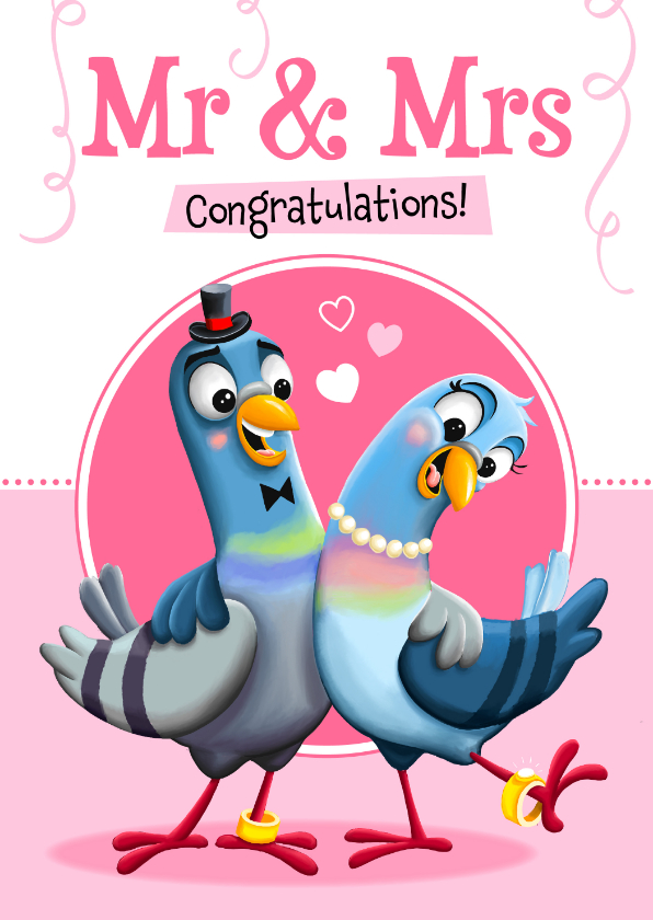 Felicitatiekaarten - felicitatiekaart voor huwelijk Mr & Mrs met grappige duiven