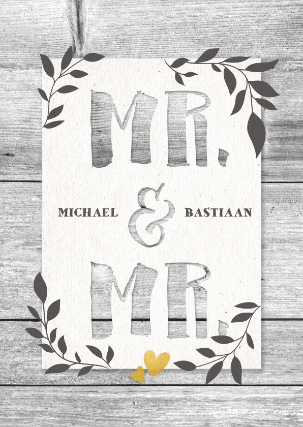 Felicitatiekaart voor huwelijk Mr. & Mr. hout en plantjes - Felicitatiekaarten Felicitatiekaarten - Felicitatiekaart voor huwelijk Mr. & Mr. hout en plantjes